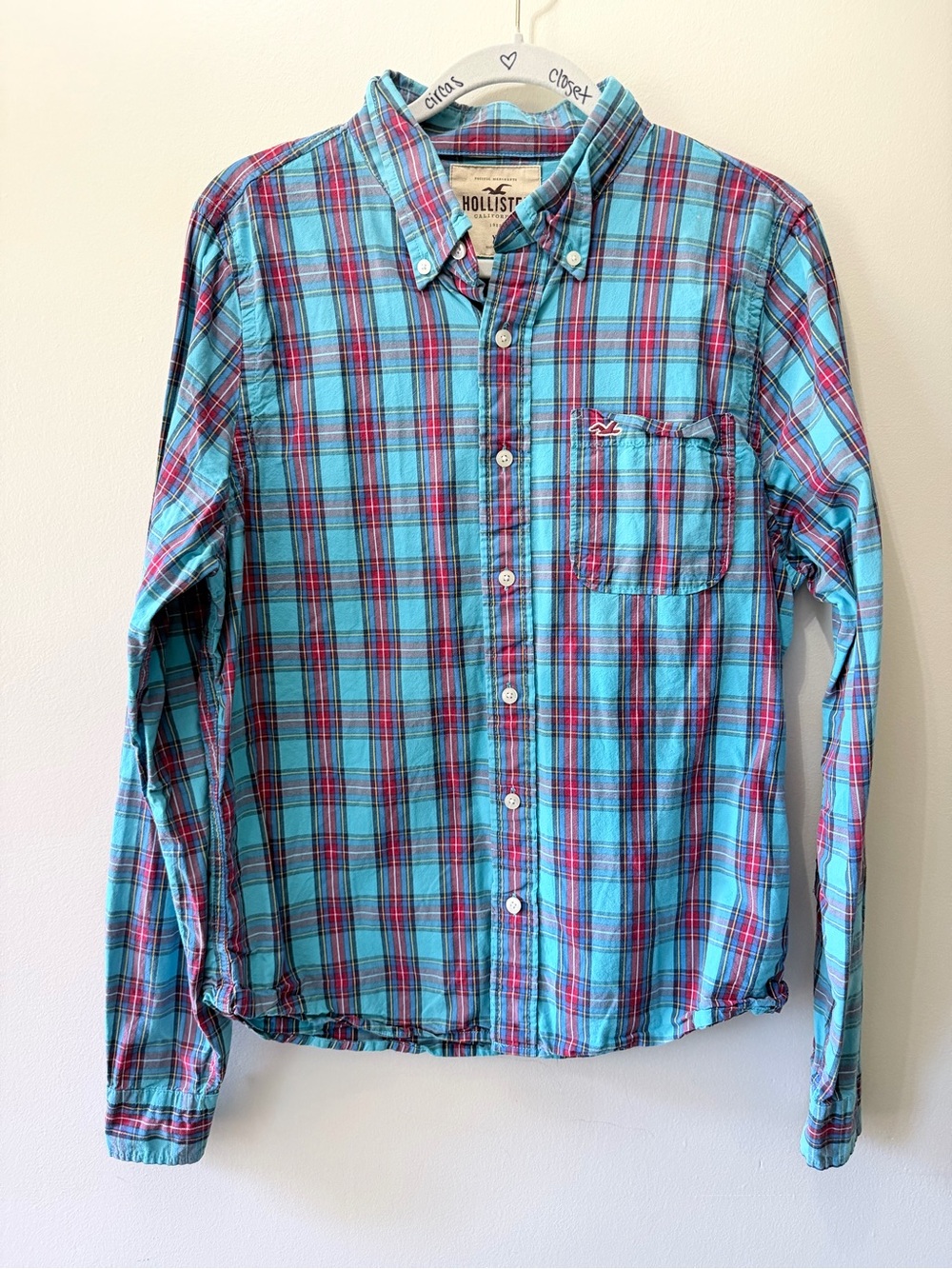 Y2K Hollister Plaid Button Up Shirt Blue Teal Red Preppy Casual Mens XL